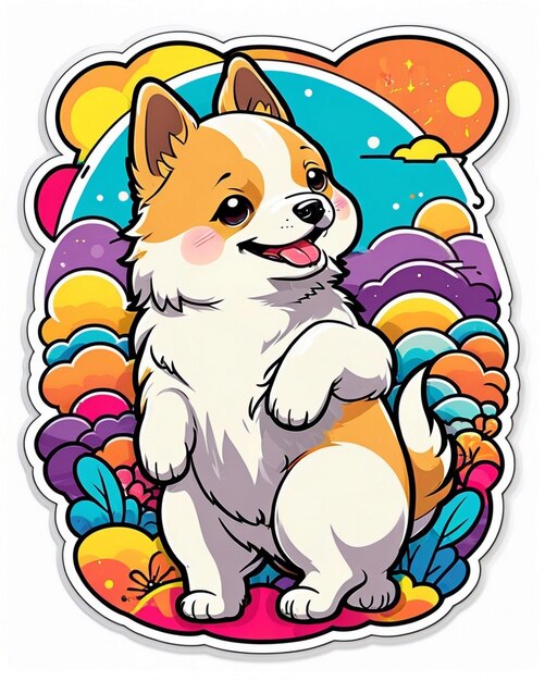 una ilustración vibrante y lúdica de una pegatina de perro linda inspirada en el arte kawaii japonés