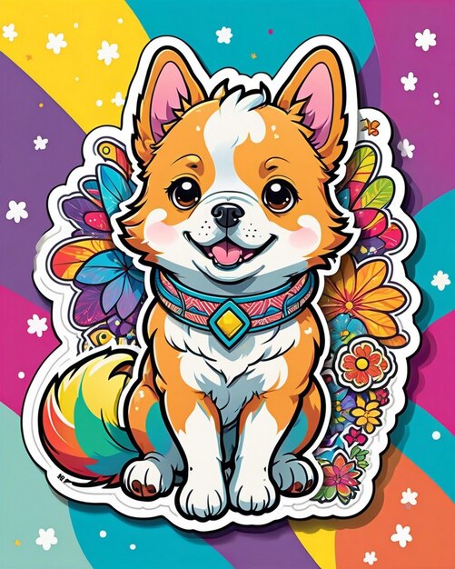 Foto una ilustración vibrante y lúdica de una pegatina de perro linda inspirada en el arte kawaii japonés