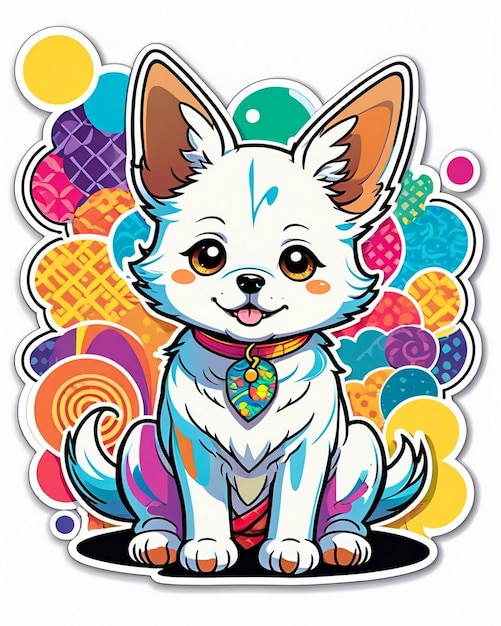 una ilustración vibrante y lúdica de una pegatina de perro linda inspirada en el arte kawaii japonés