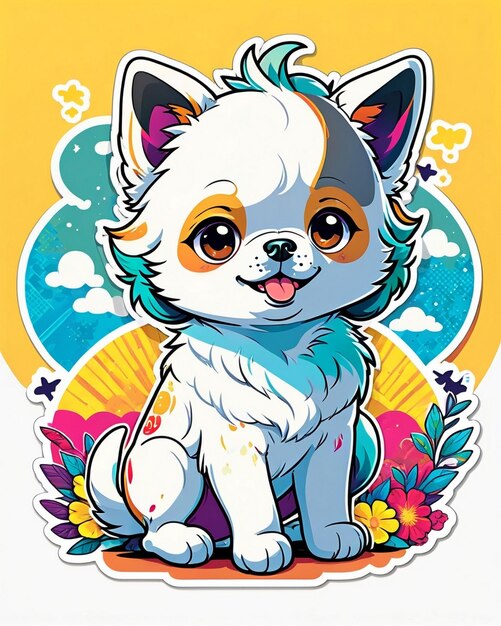 una ilustración vibrante y lúdica de una pegatina de perro linda inspirada en el arte kawaii japonés