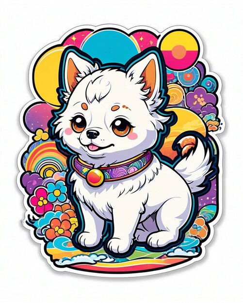 una ilustración vibrante y lúdica de una pegatina de perro linda inspirada en el arte kawaii japonés