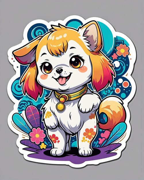 una ilustración vibrante y lúdica de una pegatina de perro linda inspirada en el arte kawaii japonés