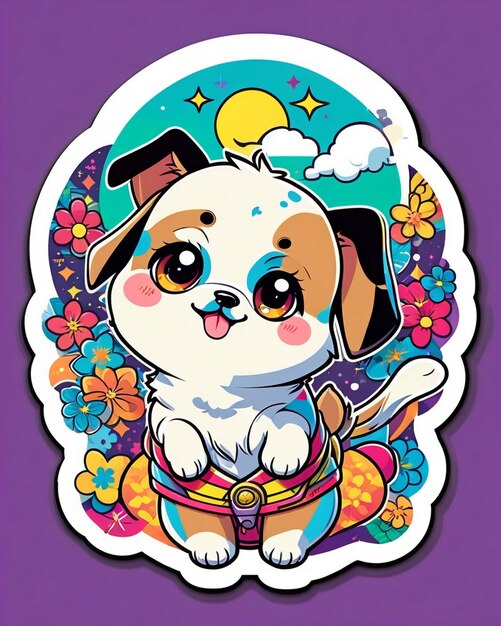 una ilustración vibrante y lúdica de una pegatina de perro linda inspirada en el arte kawaii japonés