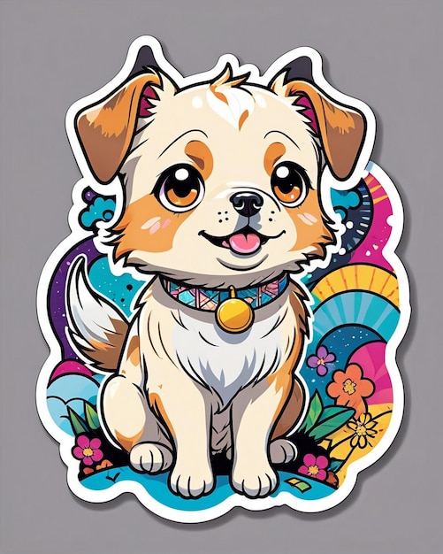 una ilustración vibrante y lúdica de una pegatina de perro linda inspirada en el arte kawaii japonés