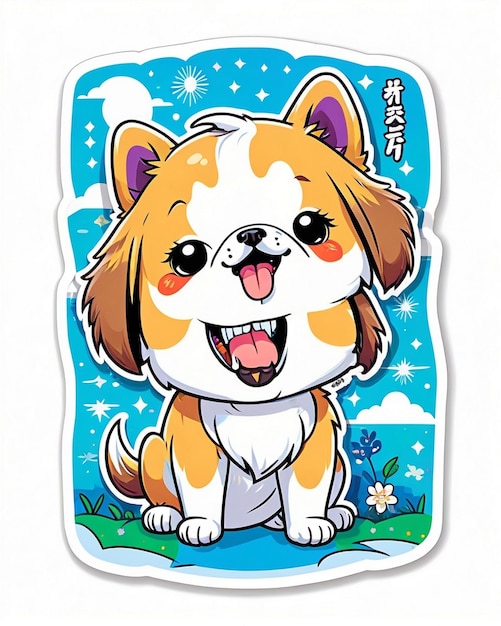 una ilustración vibrante y lúdica de una pegatina de perro linda inspirada en el arte kawaii japonés