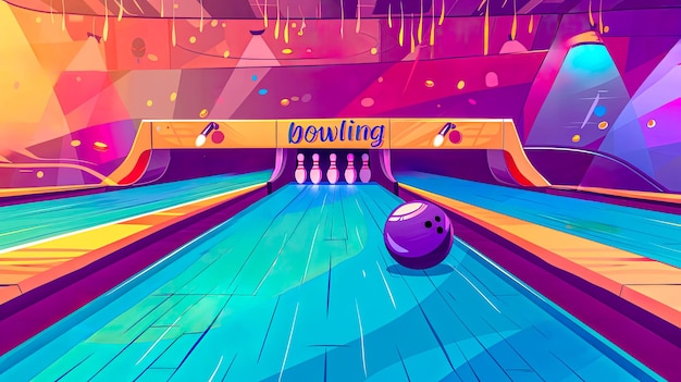 Ilustración vibrante de la pista de bolos