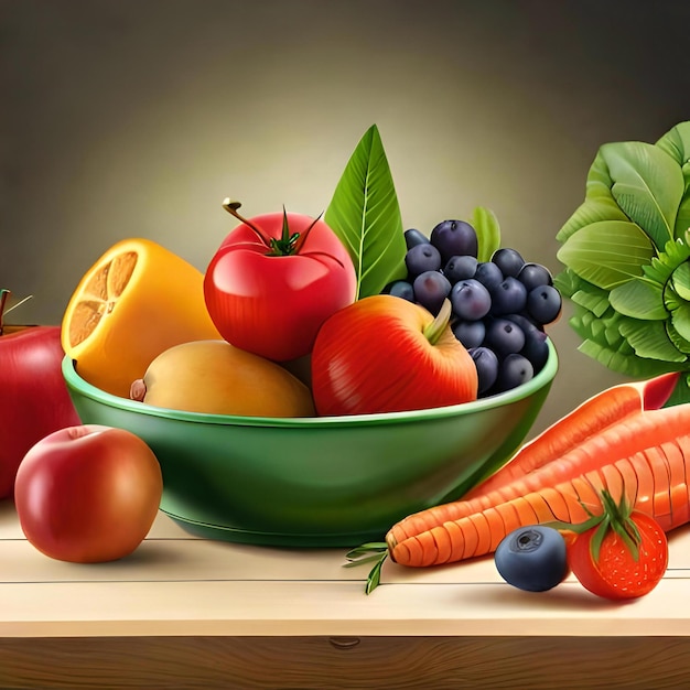 Una ilustración vibrante que muestra una abundante variedad de coloridas frutas y verduras ai géneros