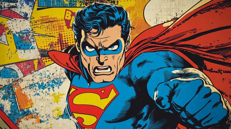 Ilustración vibrante de un superhéroe de un personaje icónico en acción sobre un fondo texturizado