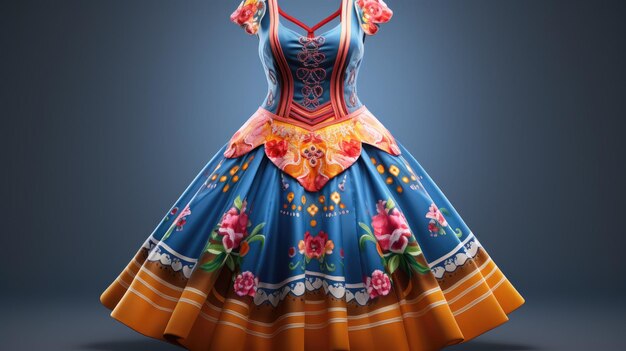 Una ilustración vibrante de un vestido tradicional de dirndl adornado con patrones coloridos