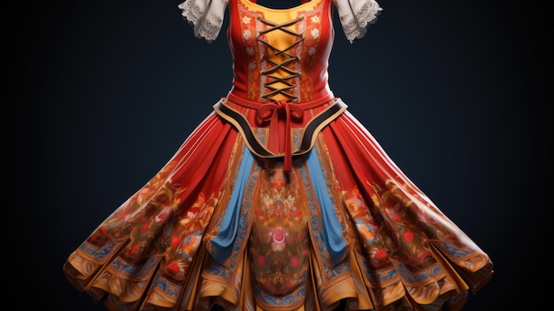 Una ilustración vibrante de un vestido tradicional de dirndl adornado con patrones coloridos
