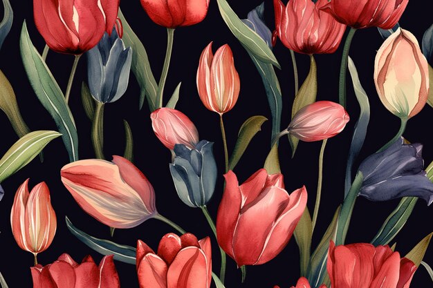 Ilustración de vibrantes tulipanes rojos y rosados contrastados con un fondo negro oscuro creado con tecnología de IA generativa