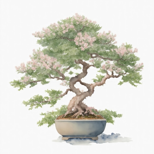Ilustración de viburnum bonsai al estilo de la acuarela sobre un fondo blanco