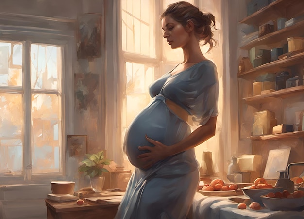 Ilustración de la vida cotidiana de las mujeres embarazadas en acuarela