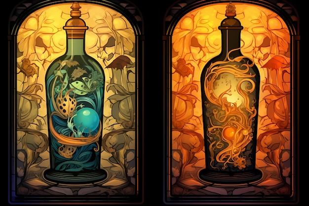 Ilustración de vidriera con una poción mágica en una botella