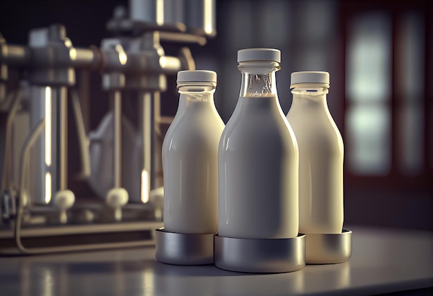 Ilustración de vidrio con botellas de leche en la cinta transportadora en fábrica ai