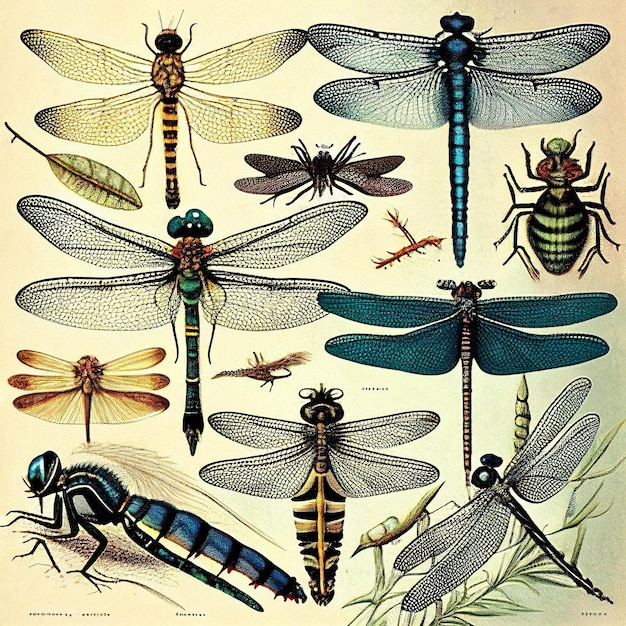 Ilustración de un viejo libro retro vintage sobre libélulas guía entomología estilo de grabado antiguo