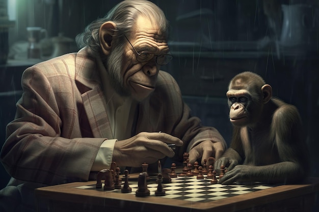 Ilustración de un viejo mono jugando al ajedrez con otro mono