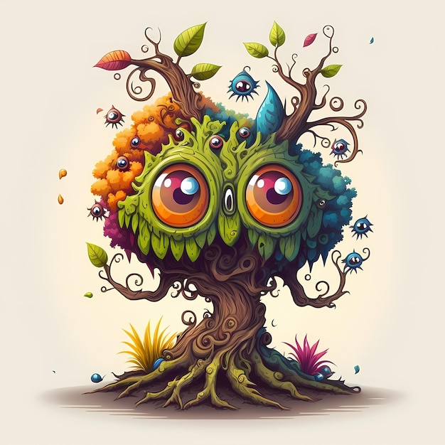 Ilustración de un viejo monstruo de árbol, cuento de hadas y diseño de fantasía en un atractivo y colorido