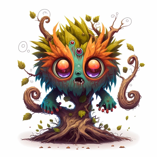 Ilustración de un viejo monstruo de árbol, cuento de hadas y diseño de fantasía en un atractivo y colorido