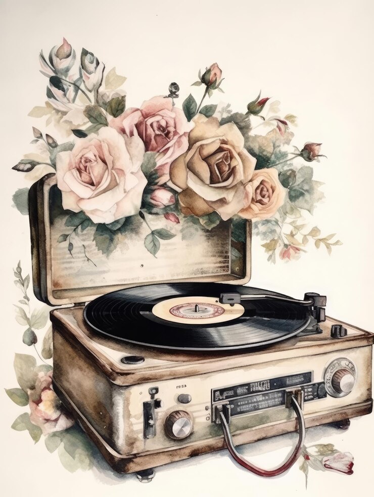 Foto ilustración vintage en acuarela de un tocadiscos retro reproductor de música hermosas flores rosas blancas