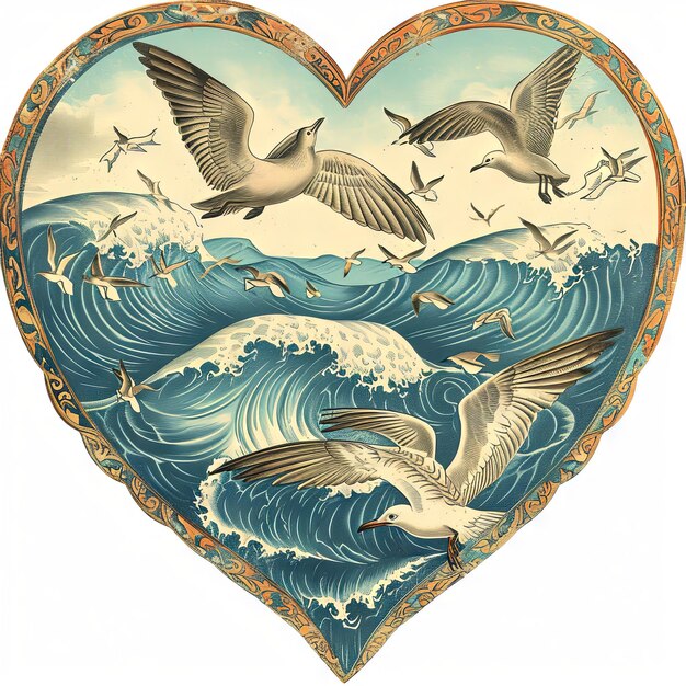 Ilustración vintage de un corazón del Día de San Valentín compuesto por patrones entrelazados de olas del océano y gaviotas en vuelo una sinfonía costera de amor v 6 Job ID 7f68cf5962a1429dbed5c1ae3d89d1af