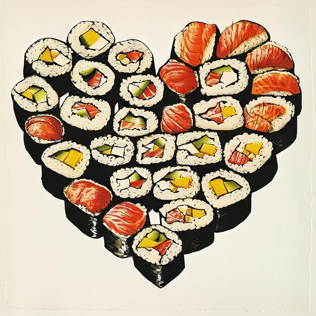 Ilustración vintage de un corazón del Día de San Valentín formado por una colorida variedad de rollos de sushi una delicia culinaria japonesa que simboliza el arte del amor v 6 Job ID cdfd3dfe9e484800898dc9ce8211c577