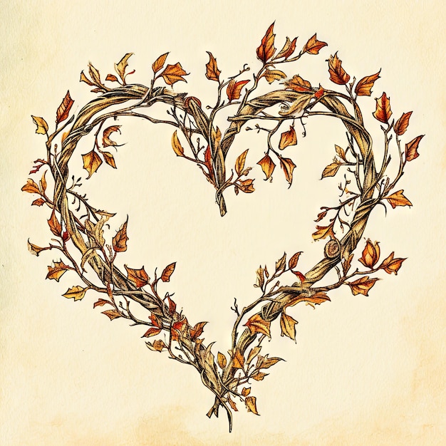Foto ilustración vintage de un corazón del día de san valentín formado por delicadas vides y hojas las naturalezas abrazan la elaboración de un símbolo de amor en tonos terrosos v 6 job id ff671f4dda02488486a2f1f52befecea