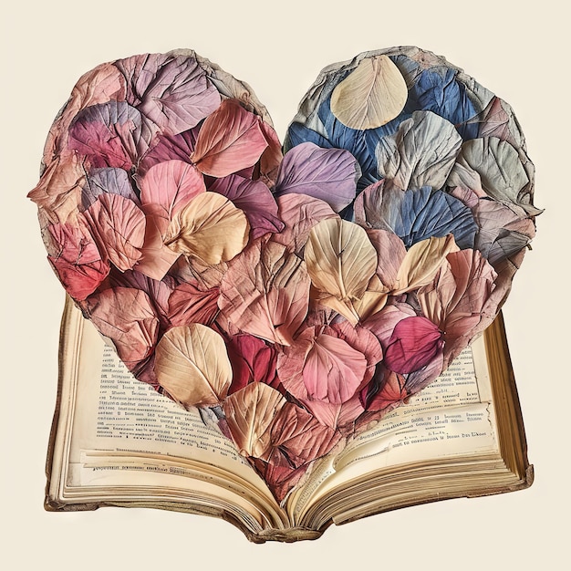 Foto ilustración vintage de un corazón del día de san valentín hecho a partir de las páginas de un libro destrozado de sonetos donde cada estrofa despliega los pétalos del romance v 6 job id f76c8ff4eb754b3e88048527f04659ae