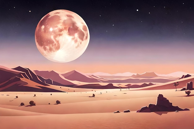 Ilustración vintage de un desierto púrpura nebuloso con una luna gigante