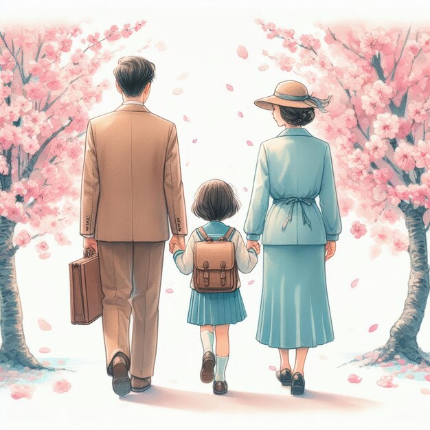 Ilustración vintage de una familia japonesa tomando de la mano a su hijo sobre un fondo de flores de cerezo