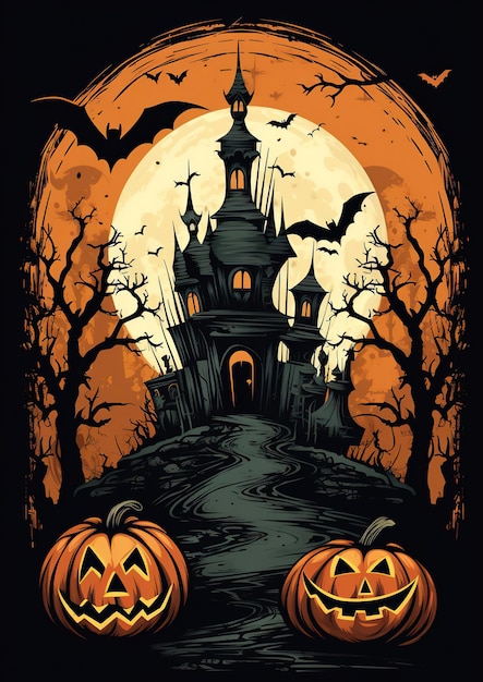 ilustración vintage de halloween con murciélagos y calabazas del castillo embrujado