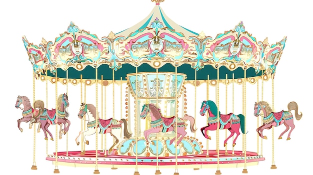 Una ilustración vintage de un hermoso carrusel con detalles ornamentados y caballos coloridos la adición perfecta a cualquier proyecto caprichoso o nostálgico