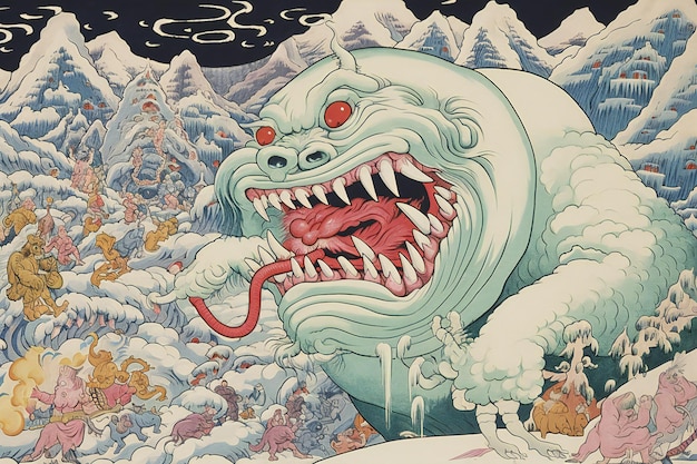 Ilustración vintage de un monstruo con boca grande y dientes afilados
