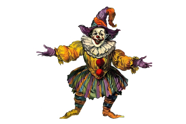 Ilustración vintage de un payaso con una nariz roja y una sonrisa espeluznante para Halloween