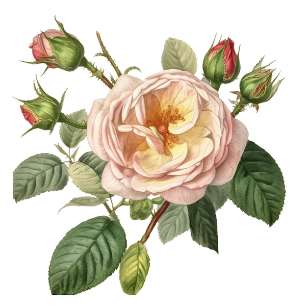 Una ilustración vintage de una rosa con hojas verdes y una rosa rosa.