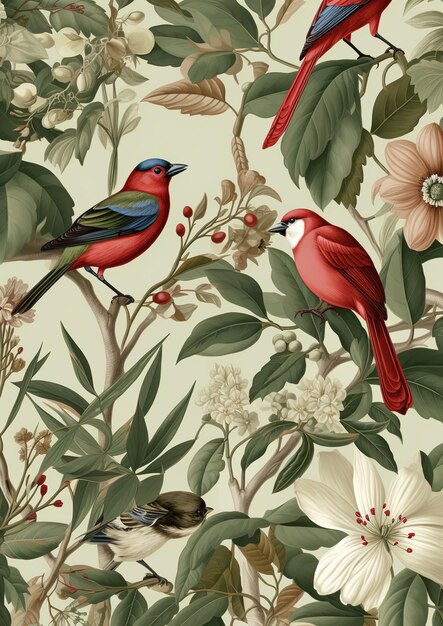 Foto ilustración vintage de un tanager escarlata en medio de un patrón de flores con aves en el fondo con aves en una rama