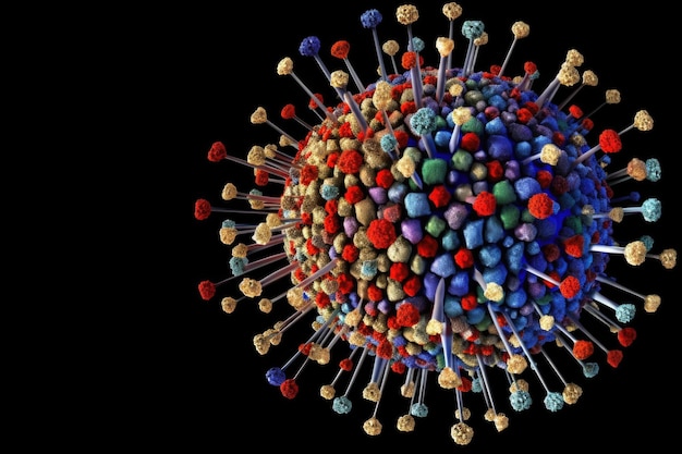 Ilustración de un virus colorido en primer plano sobre un fondo negro