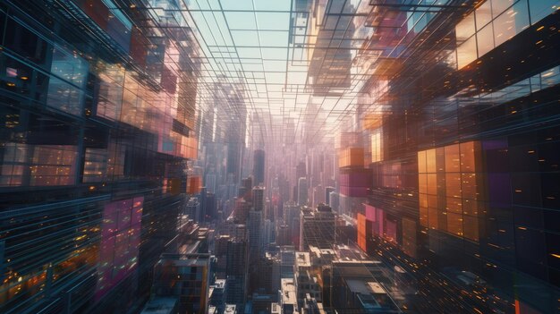 ilustración de vista de la ciudad con efecto neón con coloridas luces de efecto neón