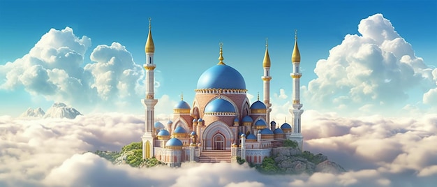 ilustración de la vista de la mezquita sobre las nubes fondo de celebración islámica