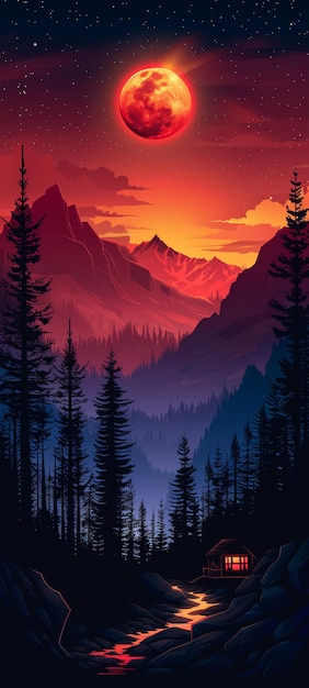 Ilustración de una vista en las montañas de la noche una hermosa luna llena roja