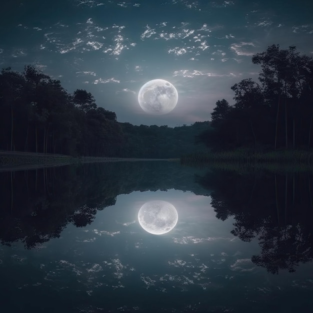 Ilustración de una vista nocturna en un lago con luna llena