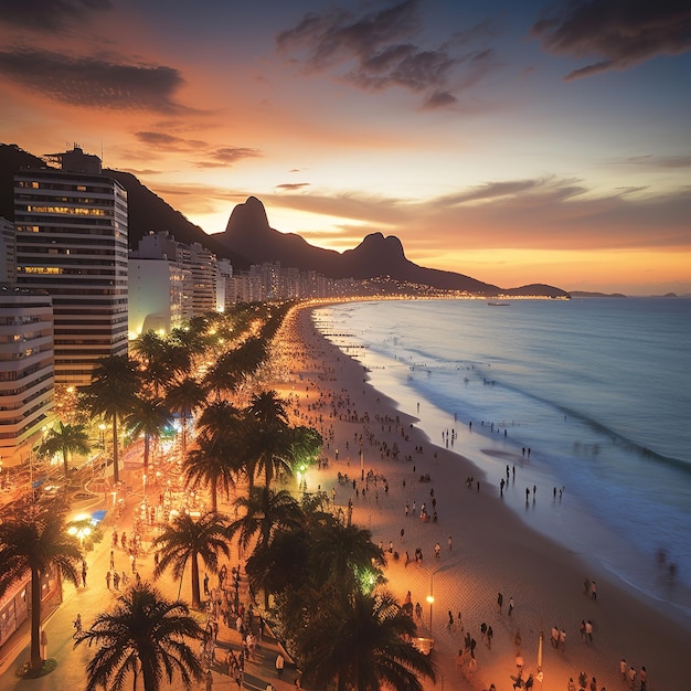 Foto ilustración de la vista de la playa de ipanema en la noche brasil