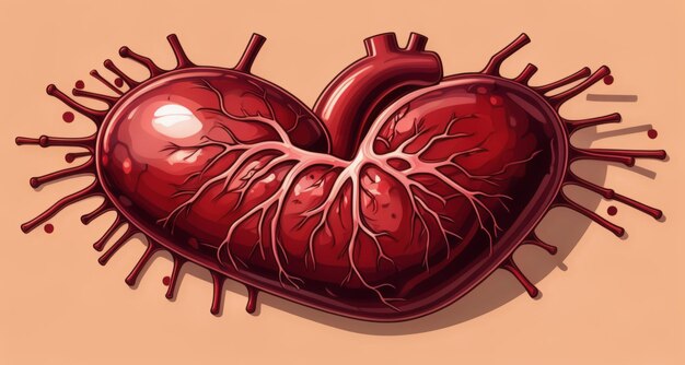 Ilustración vívida de un corazón con vasos sanguíneos visibles