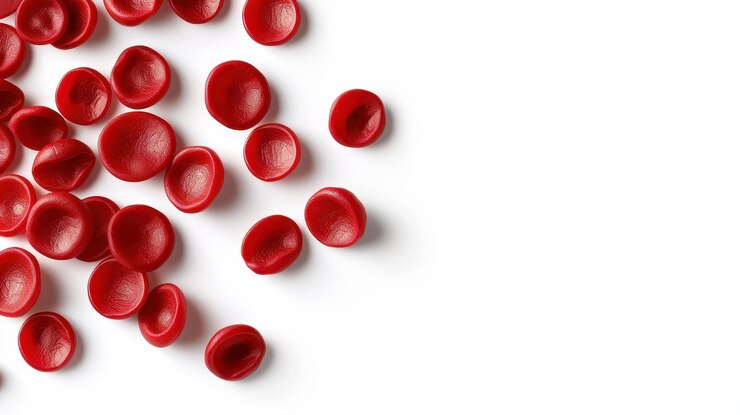 Foto ilustración vívida que muestra glóbulos rojos en un fondo blanco limpio perfecto