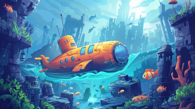 Ilustración vívida de un submarino navegando a través de una fantástica ciudad submarina llena de flotadores