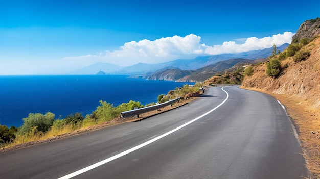 Ilustración de la vuelta de la carretera asfaltada de montaña con cielo azul y mar