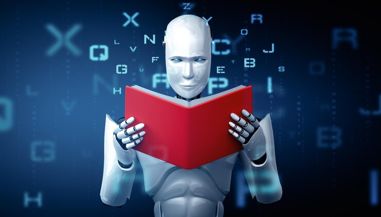 Foto ilustración de xai d de un libro de lectura humanoide robot