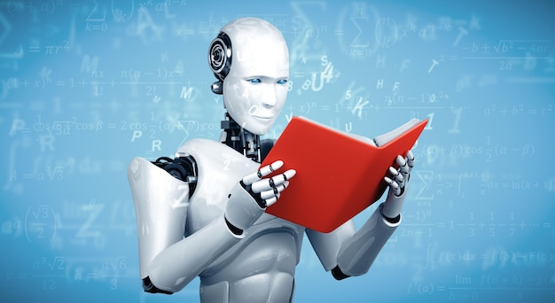 Ilustración de Xai d de un robot humanoide leyendo un libro y resolviendo matemáticas