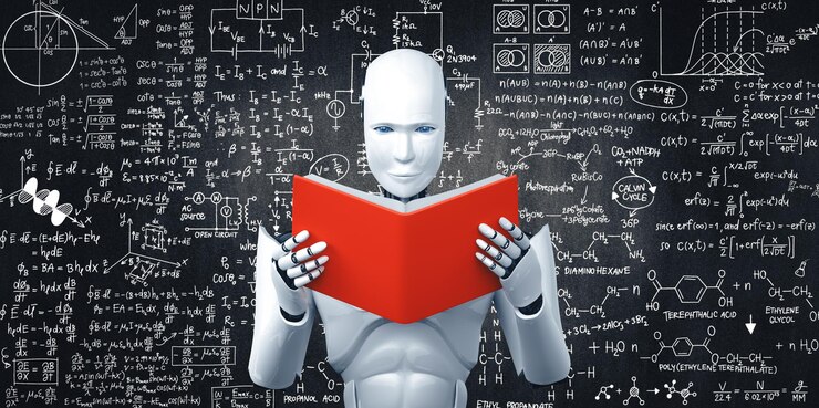 Foto ilustración de xai d de un robot humanoide leyendo un libro y resolviendo matemáticas