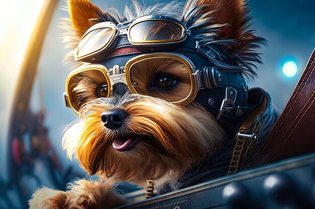 Ilustración de un Yorkshire terrier con gafas de aviador. Piloto de perro en un avión. IA generativa.